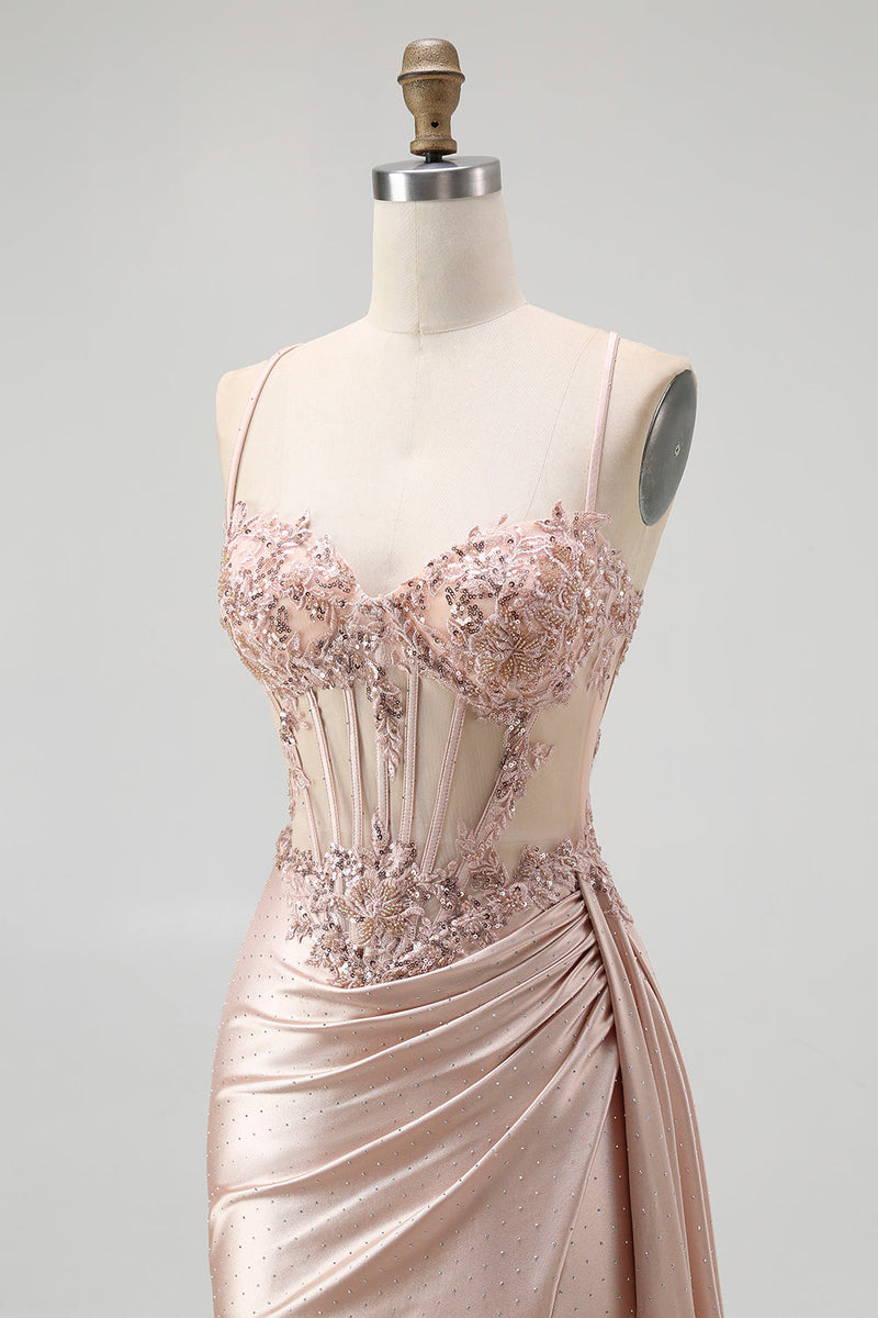 Load image into Gallery viewer, Sparkly Champagne Mermaid Satin Spaghetti Straps Long Prom Dress with Beading