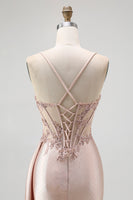 Load image into Gallery viewer, Sparkly Champagne Mermaid Satin Spaghetti Straps Long Prom Dress with Beading