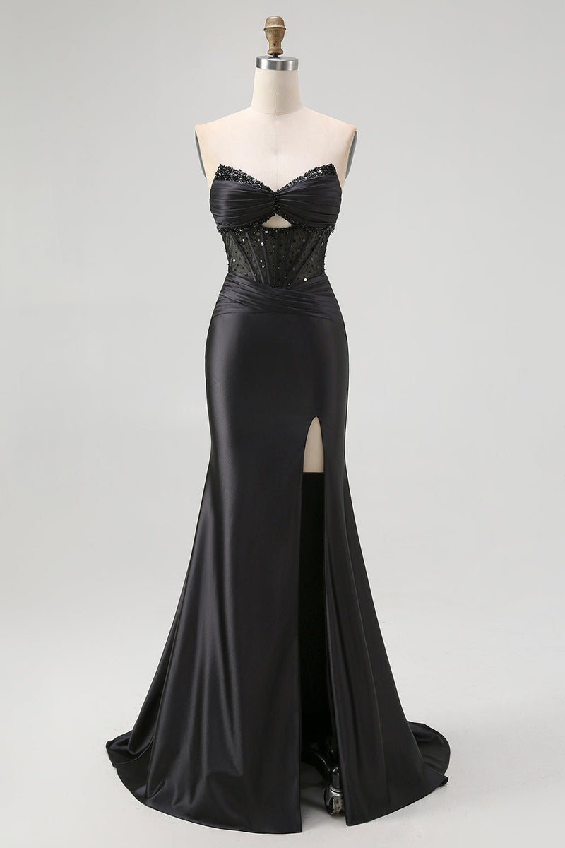 Load image into Gallery viewer, Sparkly Black Mermaid Sweetheart Satin Long Corset Prom Dress with Beading