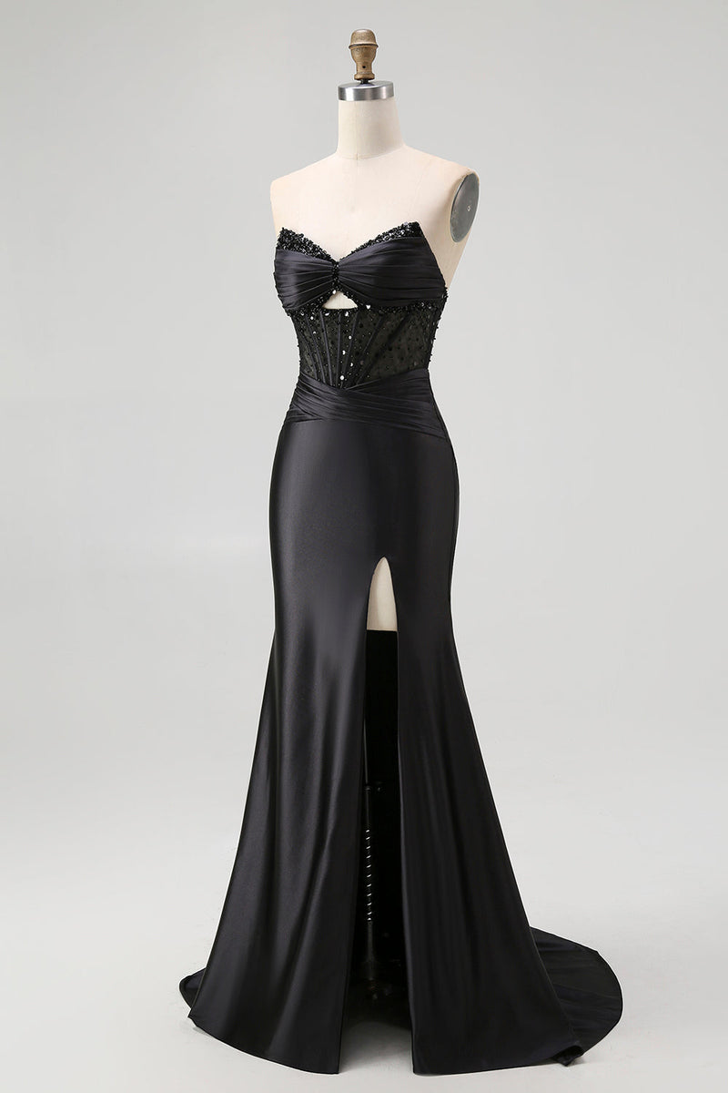 Load image into Gallery viewer, Sparkly Black Mermaid Sweetheart Satin Long Corset Prom Dress with Beading