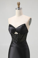 Load image into Gallery viewer, Sparkly Black Mermaid Sweetheart Satin Long Corset Prom Dress with Beading
