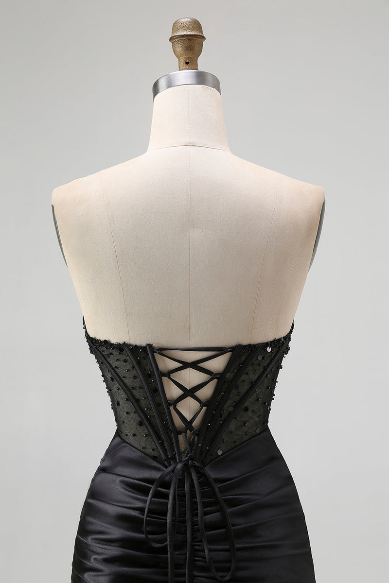 Load image into Gallery viewer, Sparkly Black Mermaid Sweetheart Satin Long Corset Prom Dress with Beading