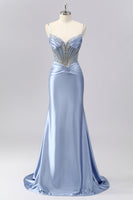 Load image into Gallery viewer, Sparkly Grey Blue Spaghetti Straps Mermaid Long Prom Dress with Beading