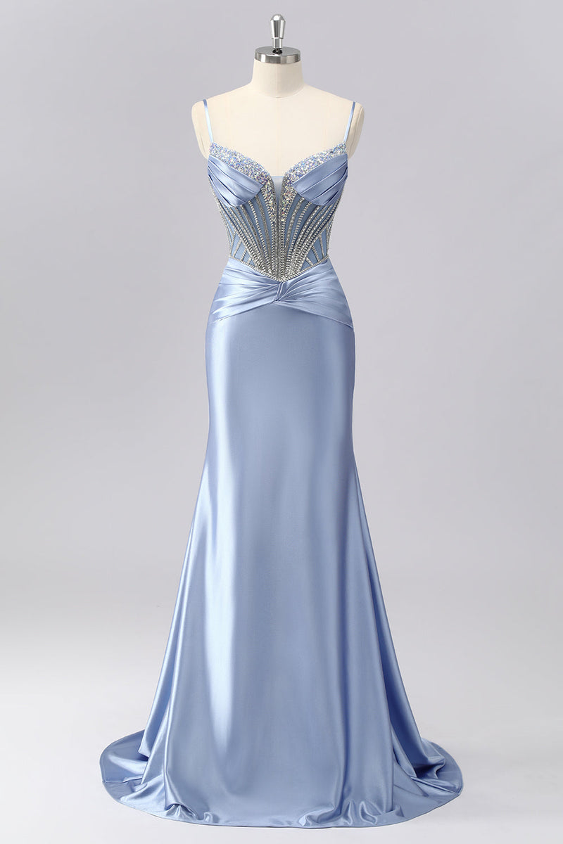 Load image into Gallery viewer, Sparkly Grey Blue Spaghetti Straps Mermaid Long Prom Dress with Beading