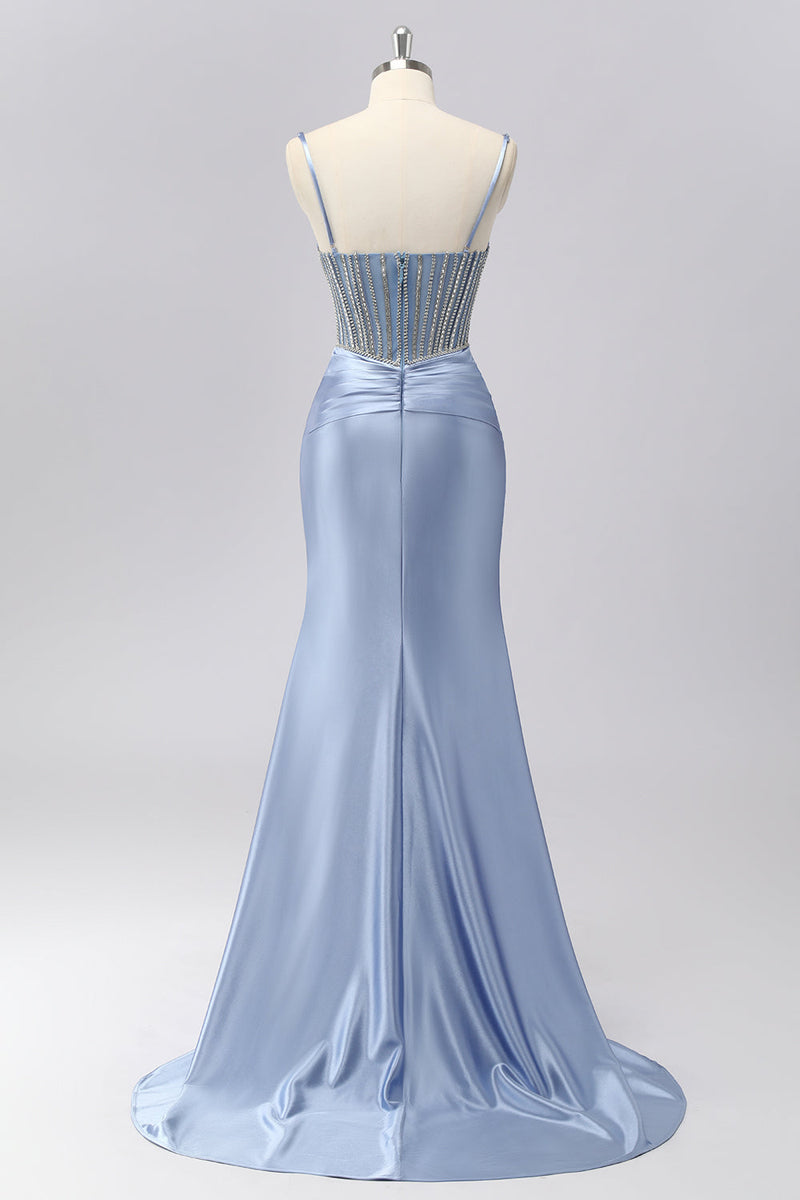Load image into Gallery viewer, Sparkly Grey Blue Spaghetti Straps Mermaid Long Prom Dress with Beading