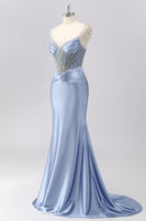 Load image into Gallery viewer, Sparkly Grey Blue Spaghetti Straps Mermaid Long Prom Dress with Beading