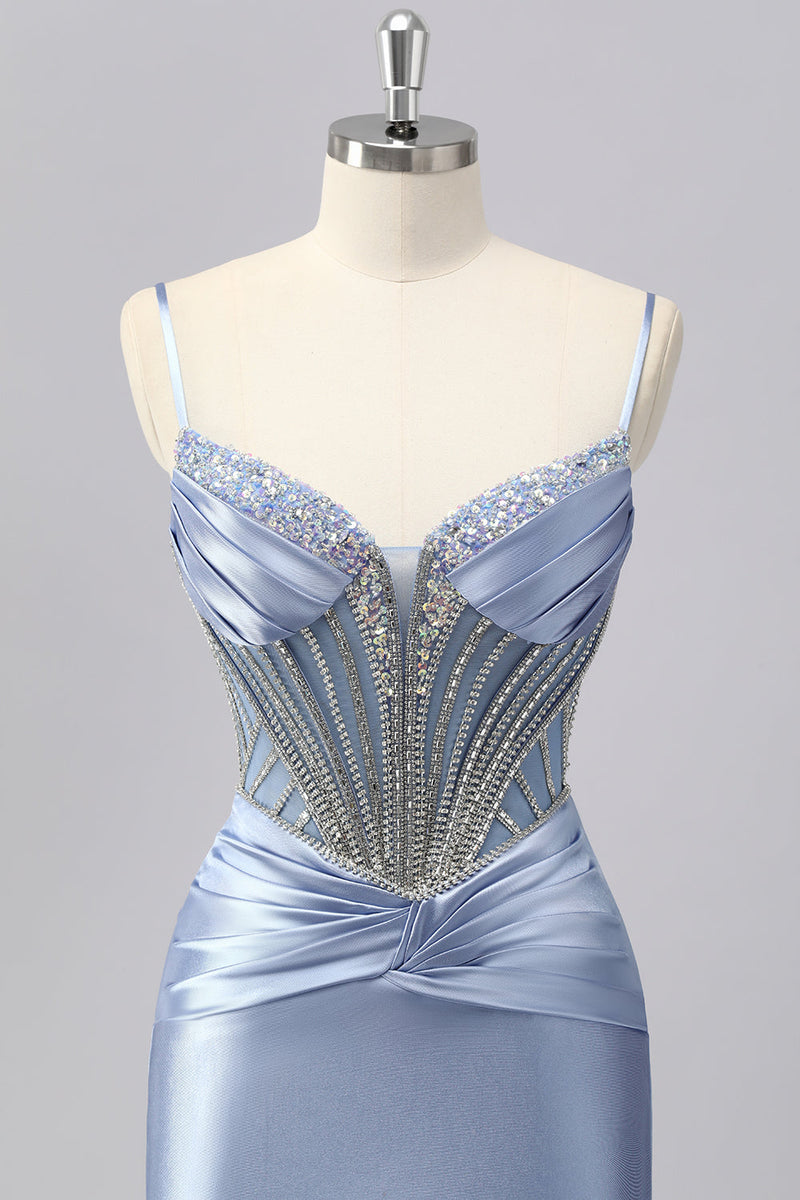 Load image into Gallery viewer, Sparkly Grey Blue Spaghetti Straps Mermaid Long Prom Dress with Beading