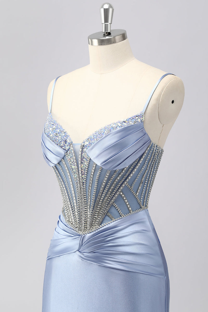 Load image into Gallery viewer, Sparkly Grey Blue Spaghetti Straps Mermaid Long Prom Dress with Beading