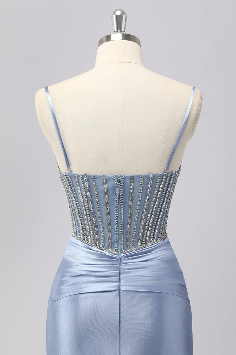 Load image into Gallery viewer, Sparkly Grey Blue Spaghetti Straps Mermaid Long Prom Dress with Beading