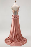 Load image into Gallery viewer, Sparkly Blush Mermaid Spaghetti Straps Satin Long Corset Prom Dress with Beading