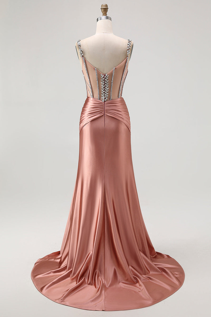 Load image into Gallery viewer, Sparkly Blush Mermaid Spaghetti Straps Satin Long Corset Prom Dress with Beading