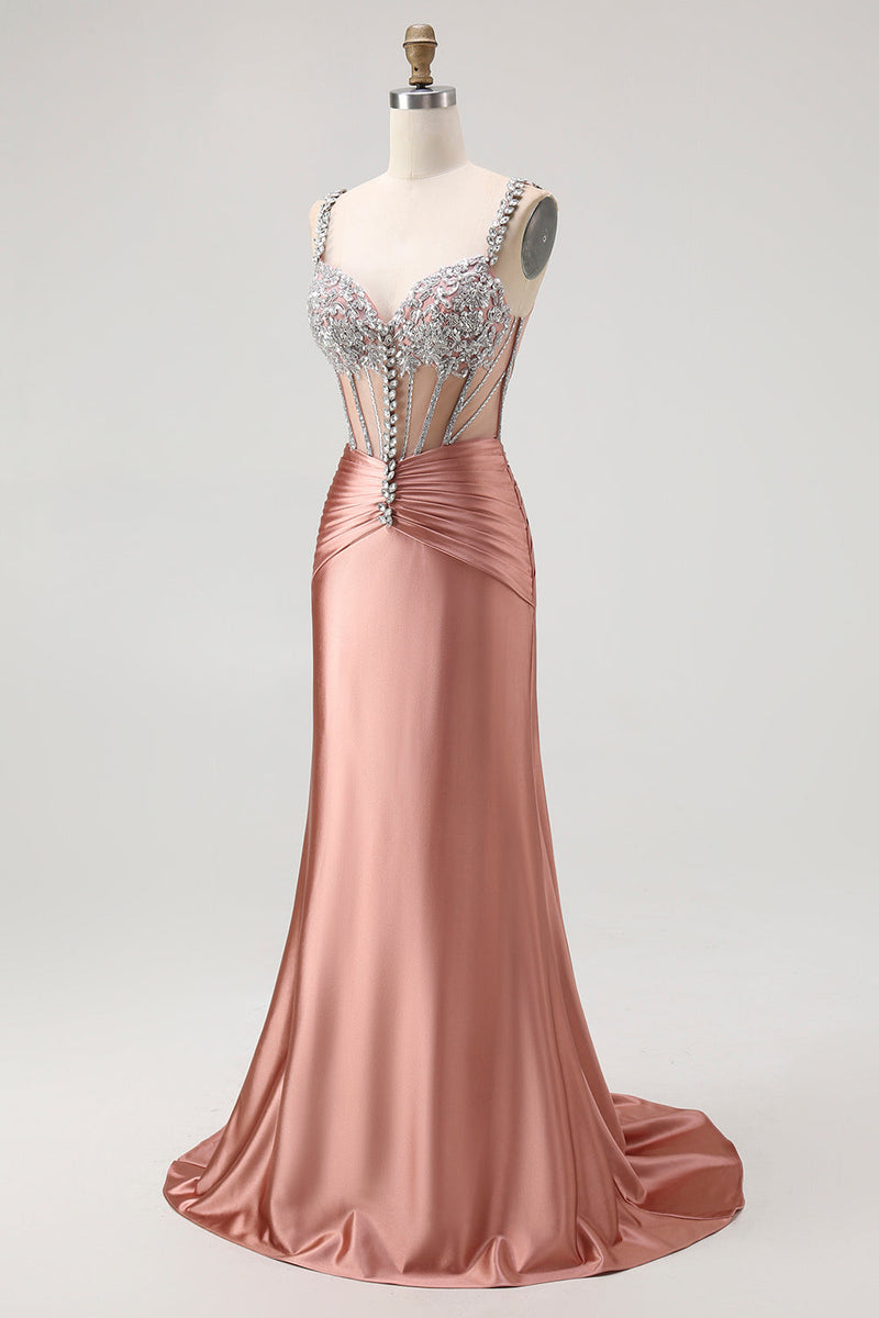 Load image into Gallery viewer, Sparkly Blush Mermaid Spaghetti Straps Satin Long Corset Prom Dress with Beading