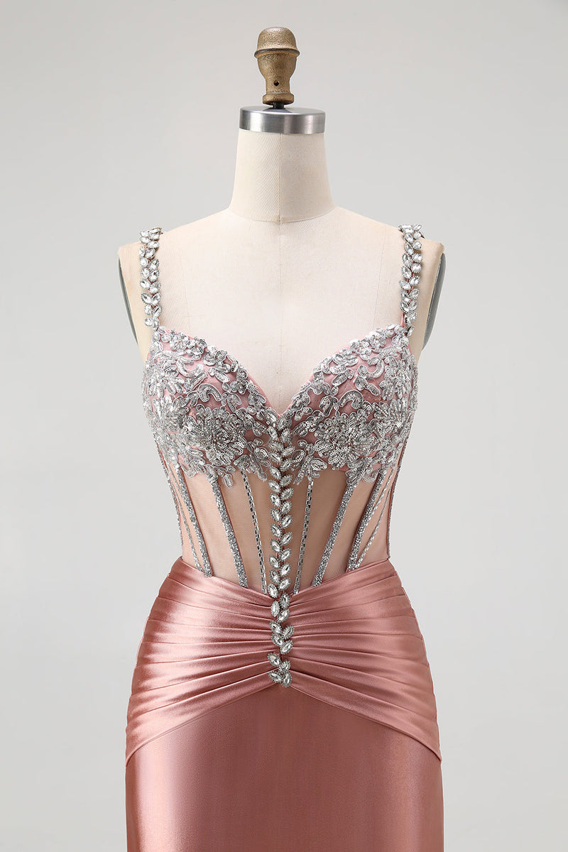 Load image into Gallery viewer, Sparkly Blush Mermaid Spaghetti Straps Satin Long Corset Prom Dress with Beading