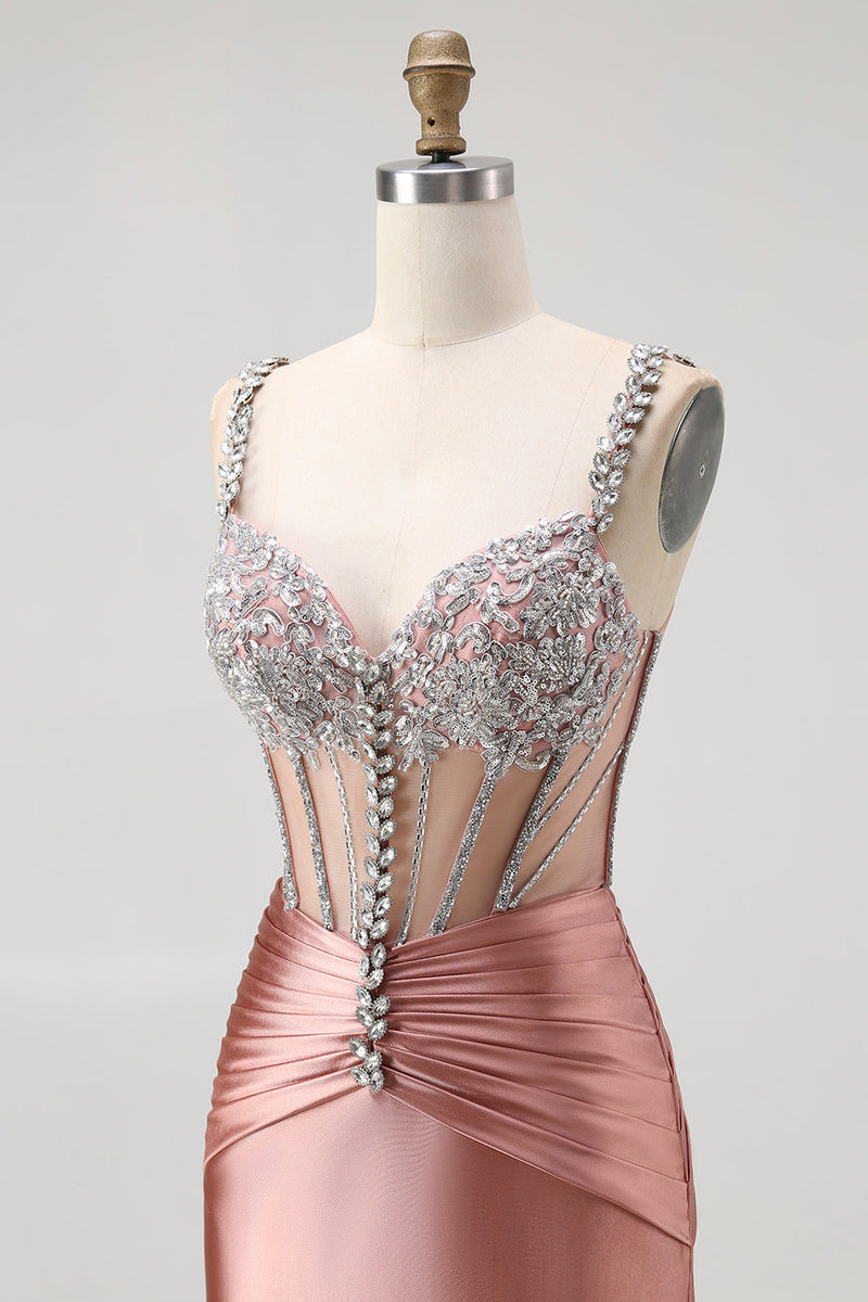 Load image into Gallery viewer, Sparkly Blush Mermaid Spaghetti Straps Satin Long Corset Prom Dress with Beading