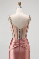 Load image into Gallery viewer, Sparkly Blush Mermaid Spaghetti Straps Satin Long Corset Prom Dress with Beading