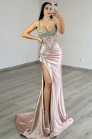 Load image into Gallery viewer, Sparkly Grey Pink Mermaid Satin Long Corset Prom Dress with Slit
