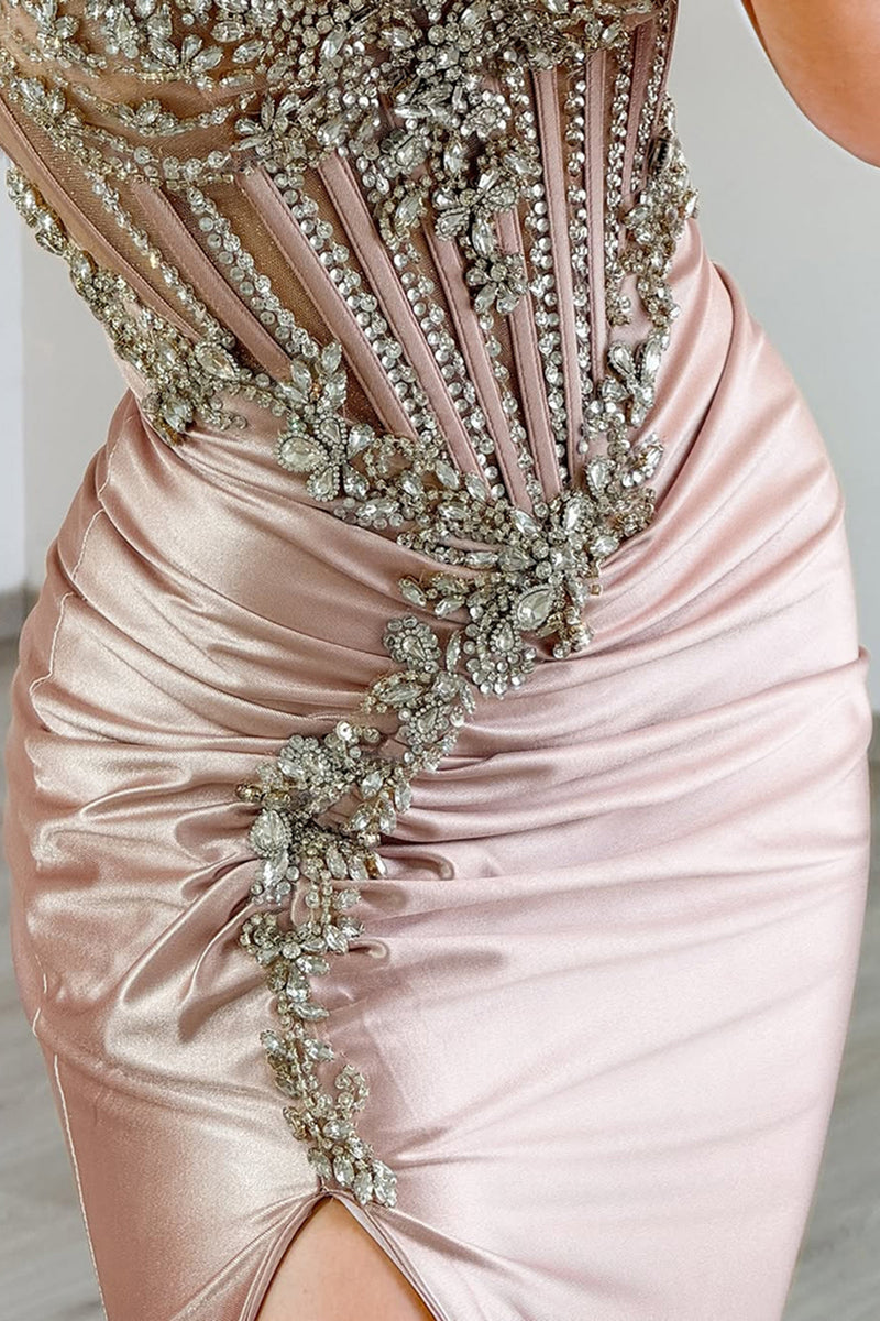 Load image into Gallery viewer, Sparkly Grey Pink Mermaid Satin Long Corset Prom Dress with Slit