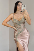 Load image into Gallery viewer, Sparkly Grey Pink Mermaid Satin Long Corset Prom Dress with Slit