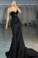 Load image into Gallery viewer, Sparkly Black Mermaid Sweetheart Long Corset Prom Dress with Beading