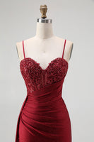 Load image into Gallery viewer, Sparkly Mermaid Burgundy Spaghetti Straps Long Corset Prom Dress with Beading