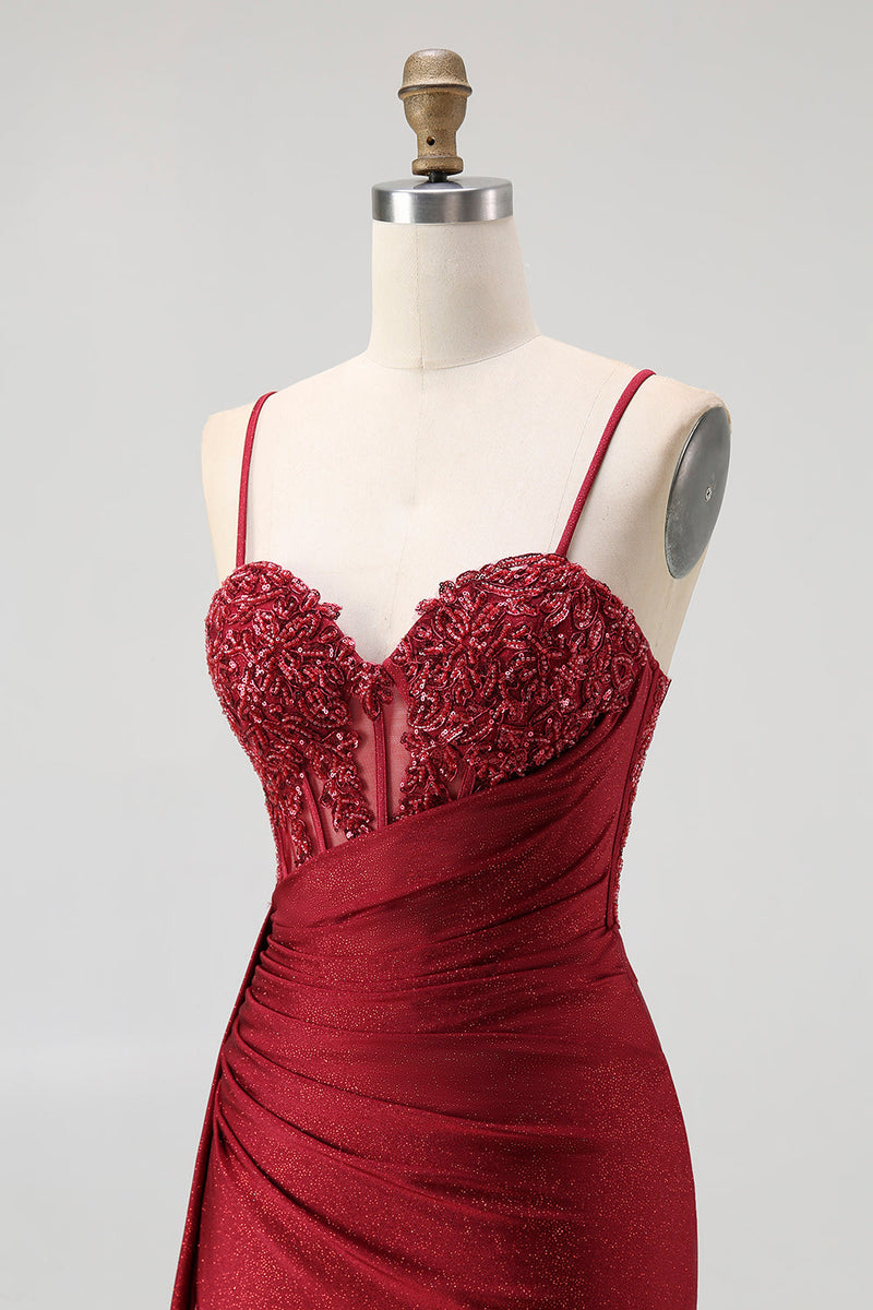 Load image into Gallery viewer, Sparkly Mermaid Burgundy Spaghetti Straps Long Corset Prom Dress with Beading