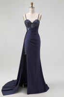 Load image into Gallery viewer, Sparkly Navy Mermaid Spaghetti Straps Corset Long Prom Dress with Beading
