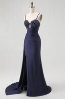 Load image into Gallery viewer, Sparkly Navy Mermaid Spaghetti Straps Corset Long Prom Dress with Beading