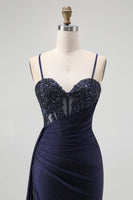 Load image into Gallery viewer, Sparkly Navy Mermaid Spaghetti Straps Corset Long Prom Dress with Beading