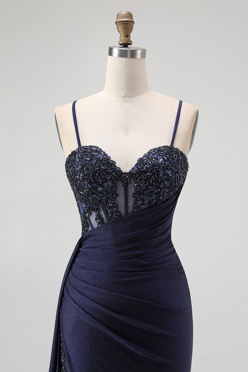Load image into Gallery viewer, Sparkly Navy Mermaid Spaghetti Straps Corset Long Prom Dress with Beading
