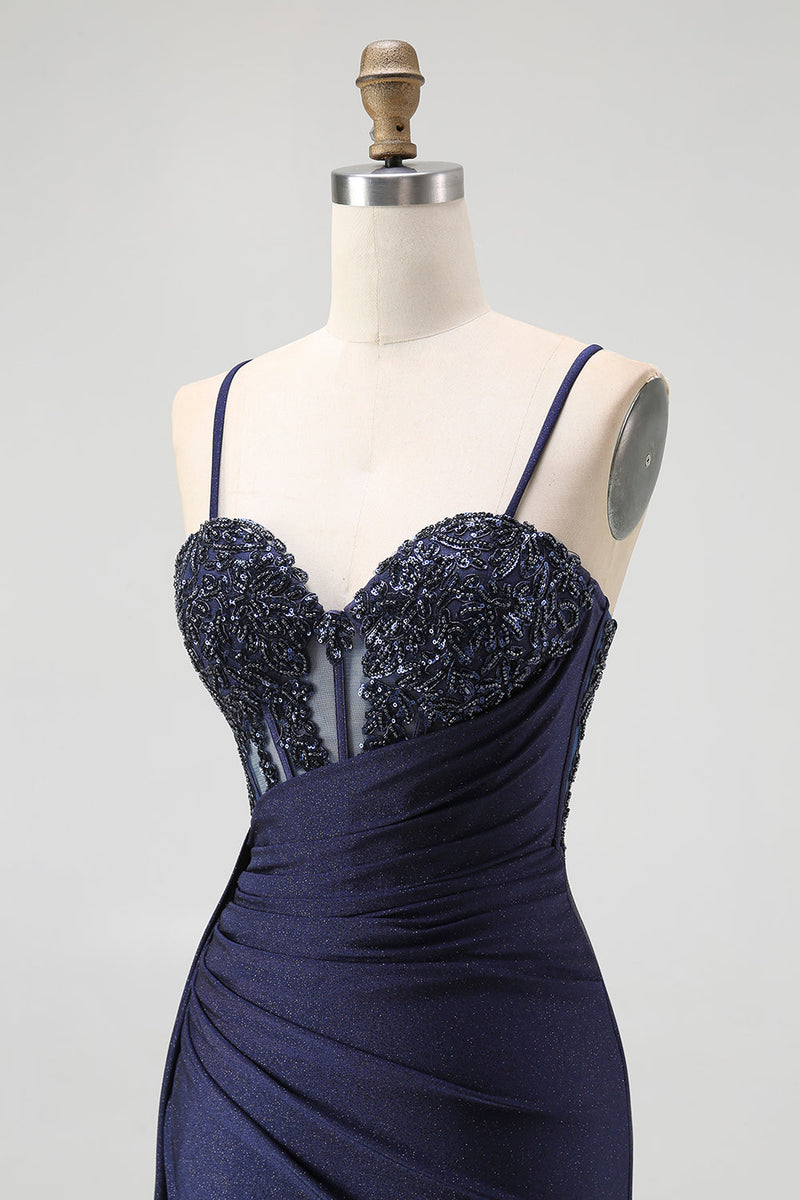 Load image into Gallery viewer, Sparkly Mermaid Burgundy Spaghetti Straps Long Corset Prom Dress with Beading