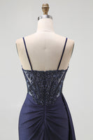 Load image into Gallery viewer, Sparkly Navy Mermaid Spaghetti Straps Corset Long Prom Dress with Beading