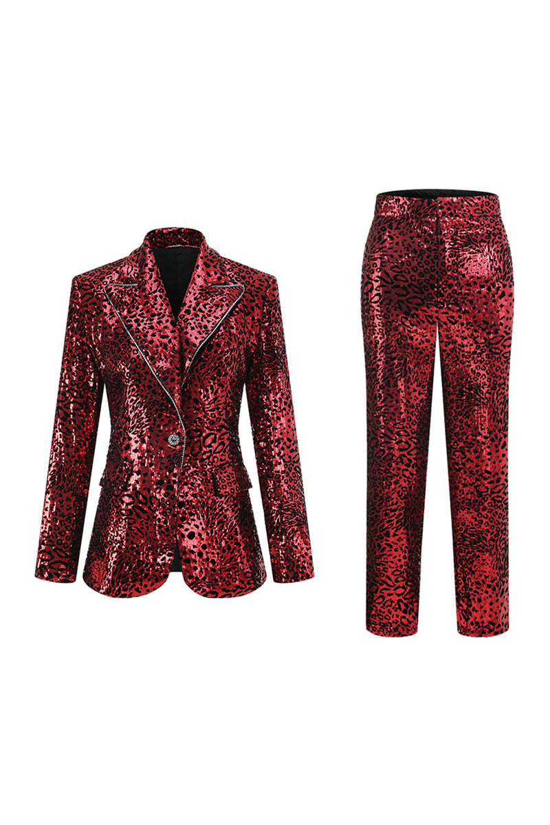 Load image into Gallery viewer, 2 Piece Sparkly Red Leopard Sequin Peak Lapel Women Prom Suits