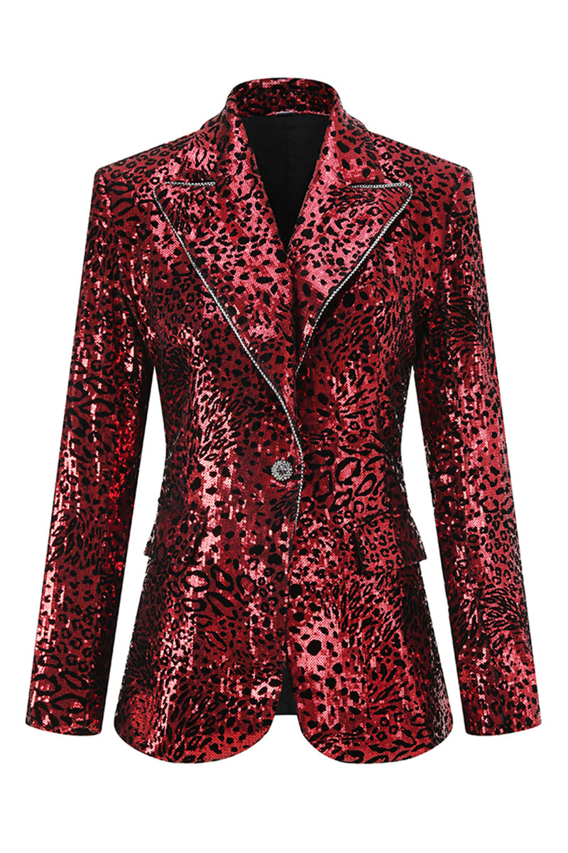 Load image into Gallery viewer, 2 Piece Sparkly Red Leopard Sequin Peak Lapel Women Prom Suits