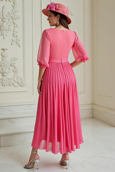 Hot Pink Chiffon Pleated A Line Long Wedding Guest Dress with Sleeves