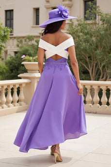 Purple Chiffon Off The Shoulder A Line Long Wedding Guest Dress with Appliques