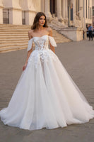 Load image into Gallery viewer, Ivory Off the Shoulder A Line Sweep Train Wedding Dress with Lace