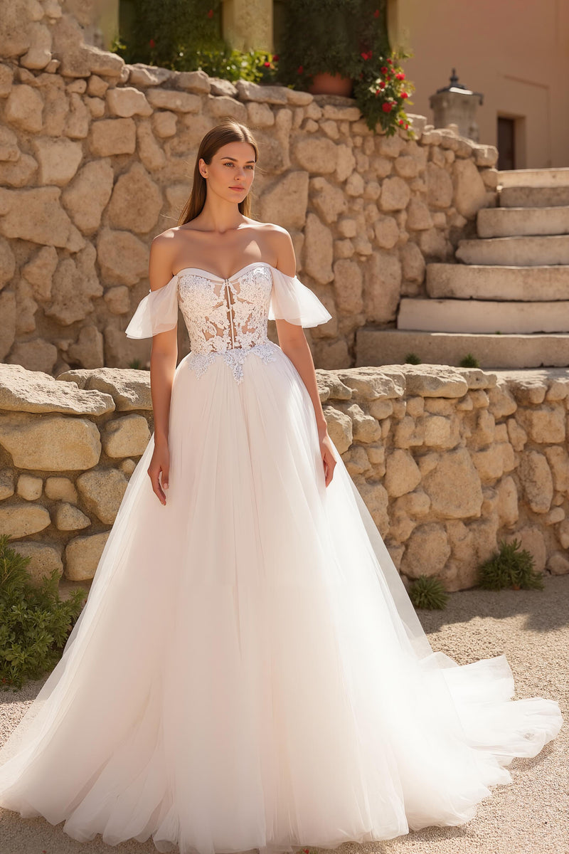 Load image into Gallery viewer, Ivory Off the Shoulder Tulle Sweep Train Wedding Dress with Lace