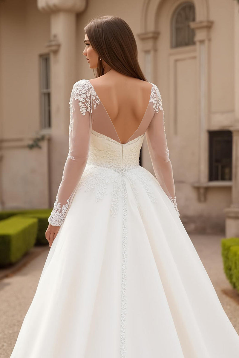 Load image into Gallery viewer, Ivory Tulle V-Neck Sweep Train Ball Gown Wedding Dress with Lace
