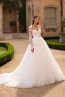 Load image into Gallery viewer, Ivory Tulle A Line Long Sleeves Sweep Train Wedding Dress with Lace