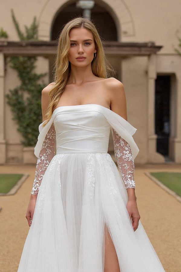 Load image into Gallery viewer, Ivory Off the Shoulder Tulle Long Sleeves Wedding Dress with Slit