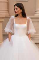 Load image into Gallery viewer, Ivory Half Sleeves Sweep Train Ball Gown Wedding Dress with Ruffles