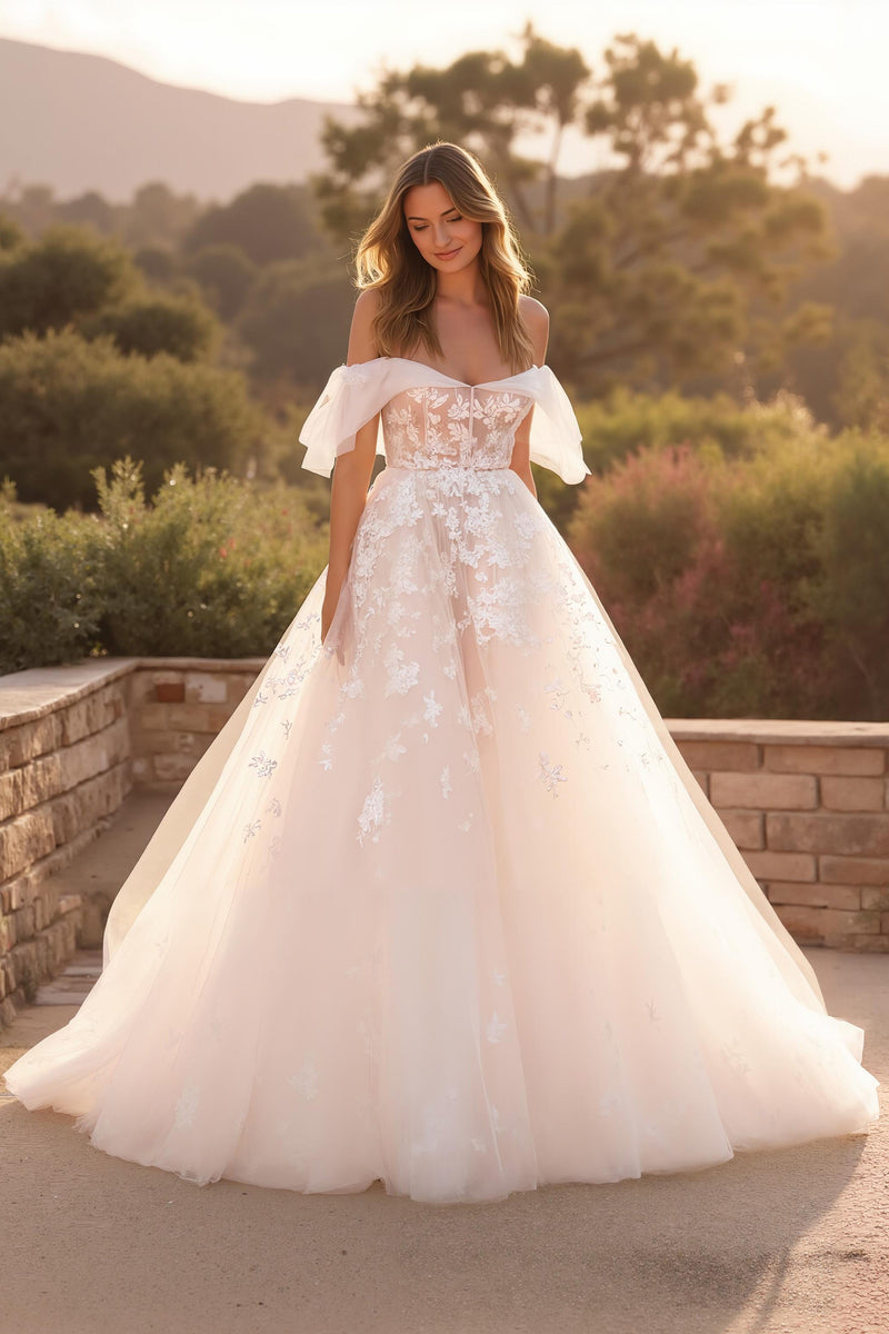 Load image into Gallery viewer, Ivory Ruffled Off the Shoulder Sweep Train Wedding Dress with Appliques