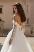 Load image into Gallery viewer, Ivory Ruched Long Sleeves Sweep Train Wedding Dress with Lace