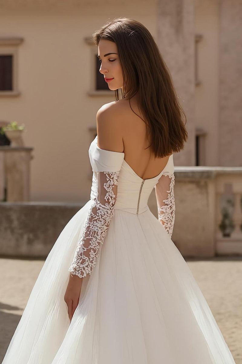 Load image into Gallery viewer, Ivory Ruched Long Sleeves Sweep Train Wedding Dress with Lace