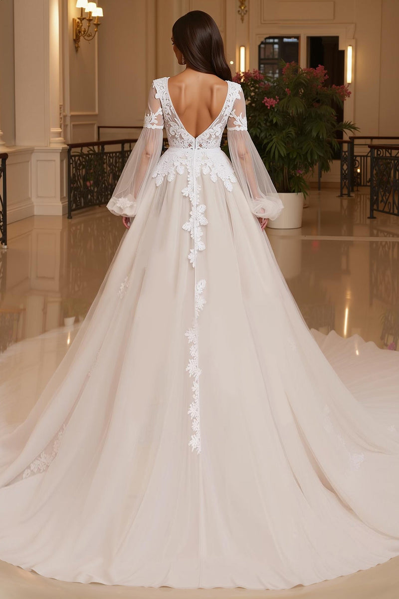Queendancer Women Ivory Long Sleeves Tulle Wedding Dress with Lace A Line Deep  V-Neck Backless Bridal Dress with Slit – queendanceruk