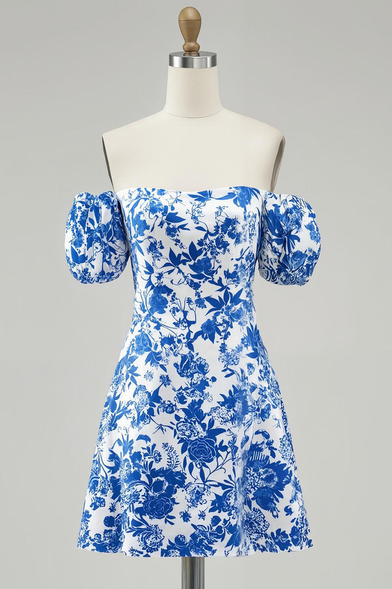 Load image into Gallery viewer, Blue Floral Off the Shoulder Chiffon Short Prom Dress with Sleeves