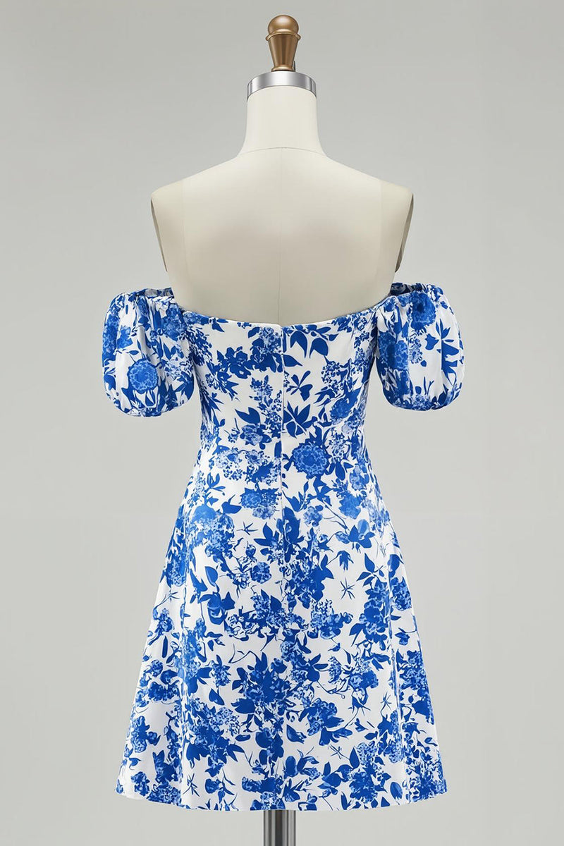 Load image into Gallery viewer, Blue Floral Off the Shoulder Chiffon Short Prom Dress with Sleeves