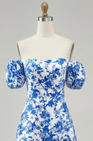 Load image into Gallery viewer, Blue Floral Off the Shoulder Chiffon Short Prom Dress with Sleeves