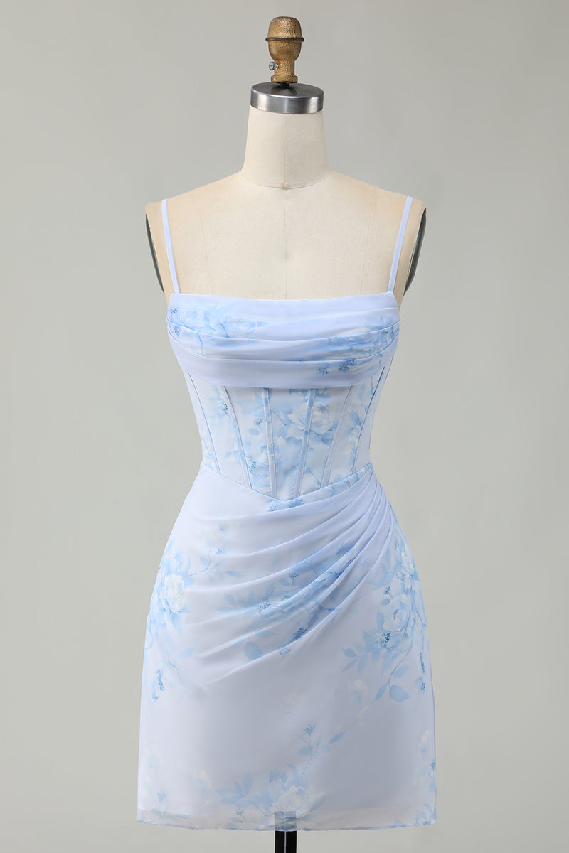 Load image into Gallery viewer, Light Blue Floral Ruched Tight Short Corset Prom Dress
