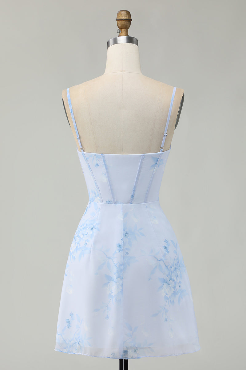 Load image into Gallery viewer, Light Blue Floral Ruched Tight Short Corset Prom Dress